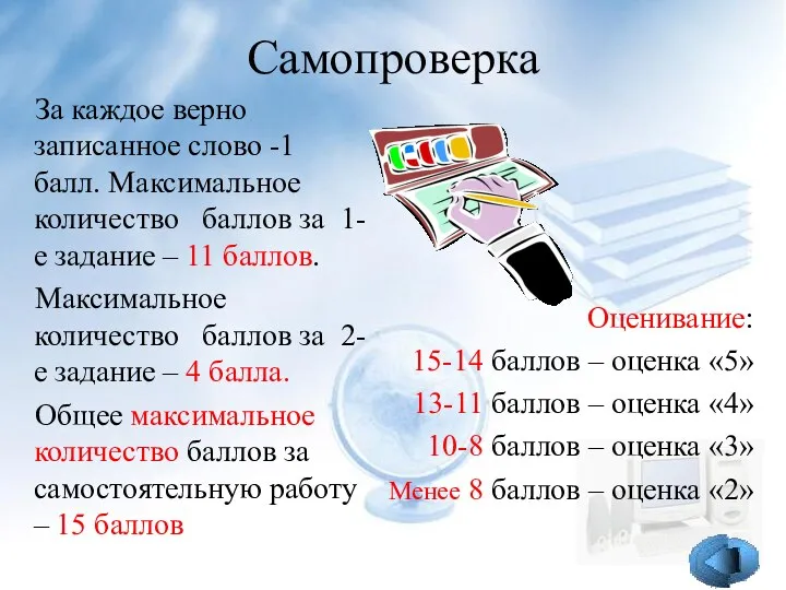 Самопроверка За каждое верно записанное слово -1 балл. Максимальное количество