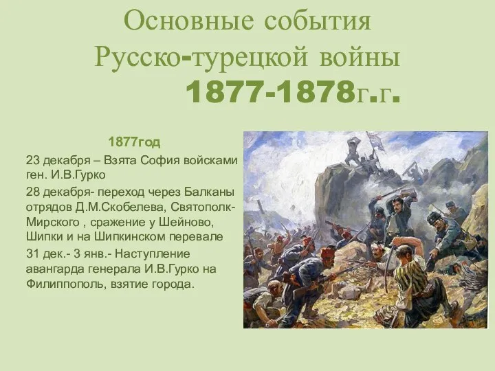 Основные события Русско-турецкой войны 1877-1878г.г. 1877год 23 декабря – Взята