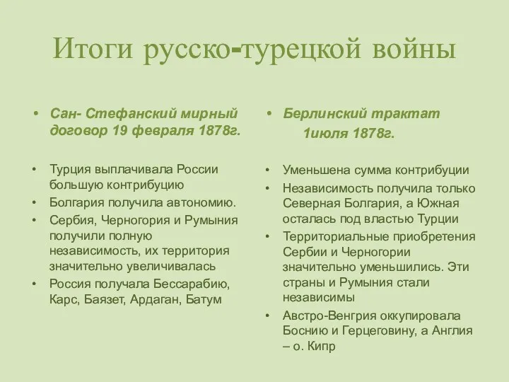 Итоги русско-турецкой войны Сан- Стефанский мирный договор 19 февраля 1878г.