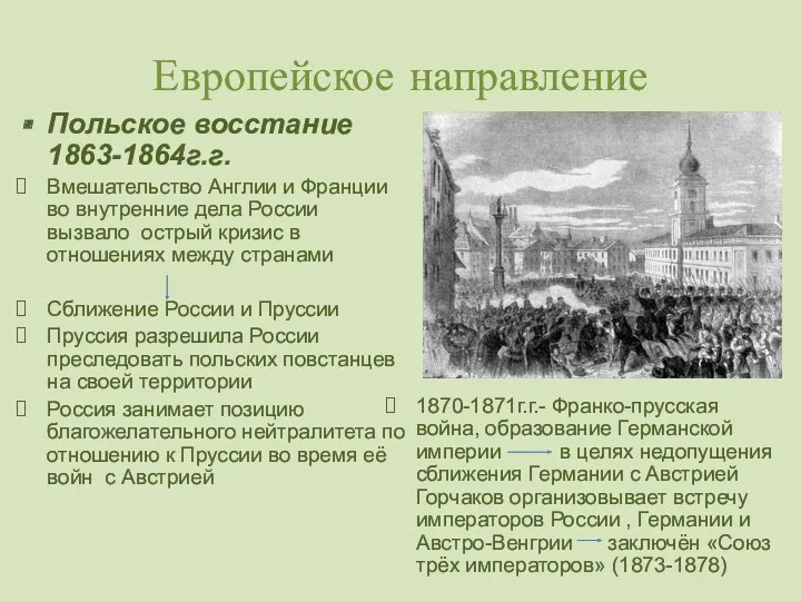 Европейское направление Польское восстание 1863-1864г.г. Вмешательство Англии и Франции во