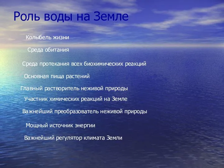 Роль воды на Земле Среда обитания Среда протекания всех биохимических