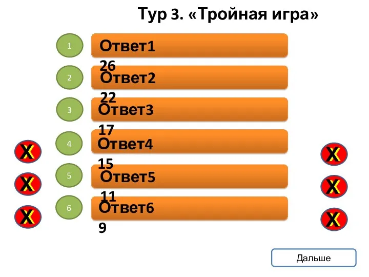 1 2 3 4 5 6 Ответ1 26 Ответ2 22 Ответ3 17 Ответ4