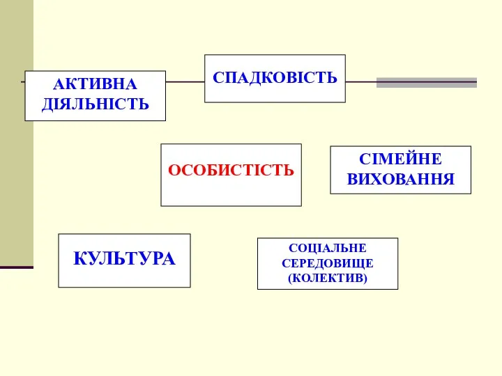 ОСОБИСТІСТЬ СПАДКОВІСТЬ СІМЕЙНЕ ВИХОВАННЯ СОЦІАЛЬНЕ СЕРЕДОВИЩЕ (КОЛЕКТИВ) КУЛЬТУРА АКТИВНА ДІЯЛЬНІСТЬ