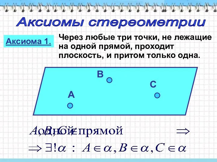 Аксиомы стереометрии Аксиома 1. Через любые три точки, не лежащие