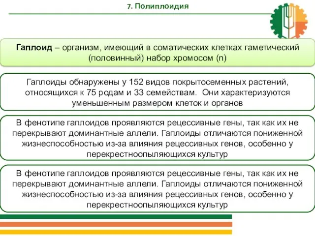 Гаплоид – организм, имеющий в соматических клетках гаметический (половинный) набор