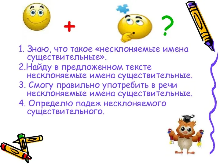 + ? 1. Знаю, что такое «несклоняемые имена существительные». 2.Найду в предложенном тексте