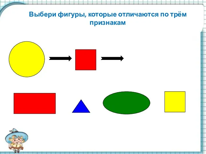 Выбери фигуры, которые отличаются по трём признакам