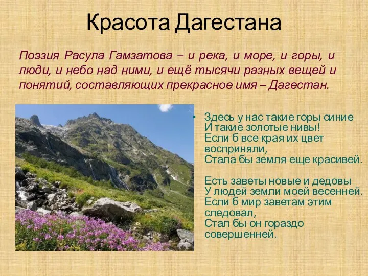 Красота Дагестана Здесь у нас такие горы синие И такие золотые нивы! Если