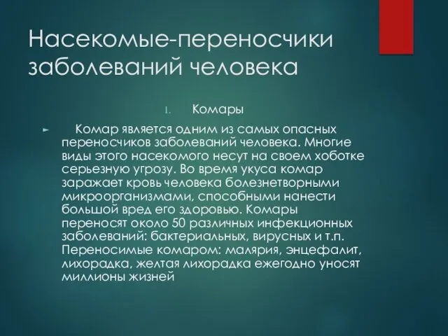 Насекомые-переносчики заболеваний человека Комары Комар является одним из самых опасных