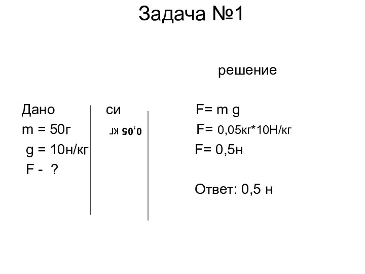 Задача №1 решение Дано си F= m g m = 50г F= 0,05кг*10Н/кг