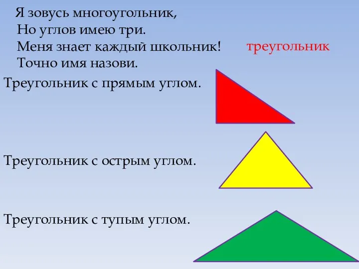 Я зовусь многоугольник, Но углов имею три. Меня знает каждый