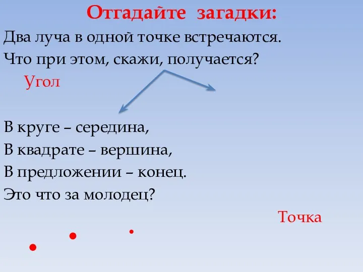 Отгадайте загадки: Два луча в одной точке встречаются. Что при