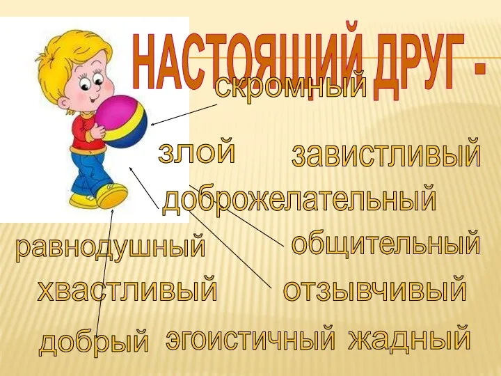 НАСТОЯЩИЙ ДРУГ - скромный доброжелательный общительный отзывчивый завистливый равнодушный хвастливый злой добрый жадный эгоистичный