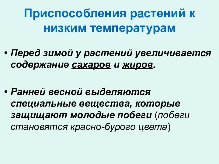 Приспособления растений к низким температурам Перед зимой у растений увеличивается