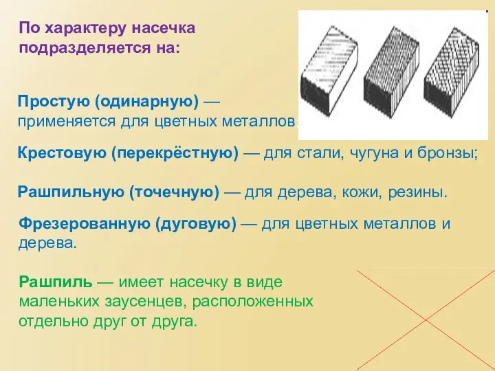 Рашпиль — имеет насечку в виде маленьких заусенцев, расположенных отдельно