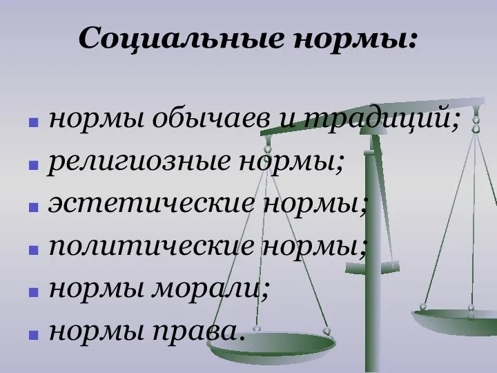 Социальные нормы: нормы обычаев и традиций; религиозные нормы; эстетические нормы; политические нормы; нормы морали; нормы права.