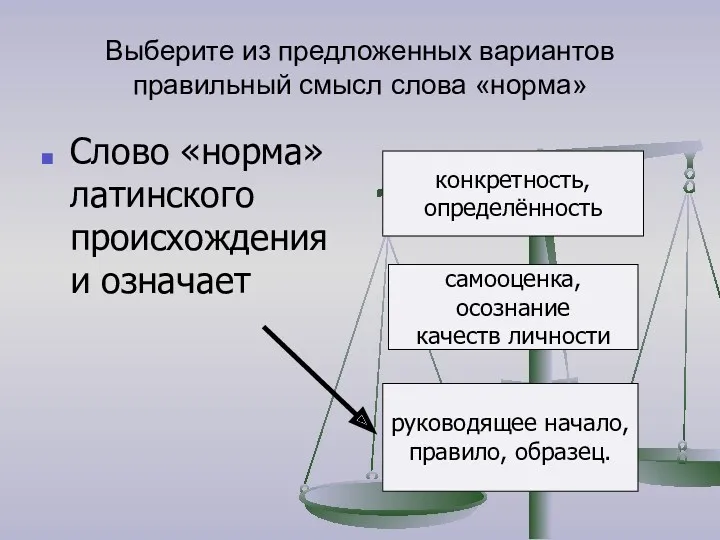 Выберите из предложенных вариантов правильный смысл слова «норма» Слово «норма»