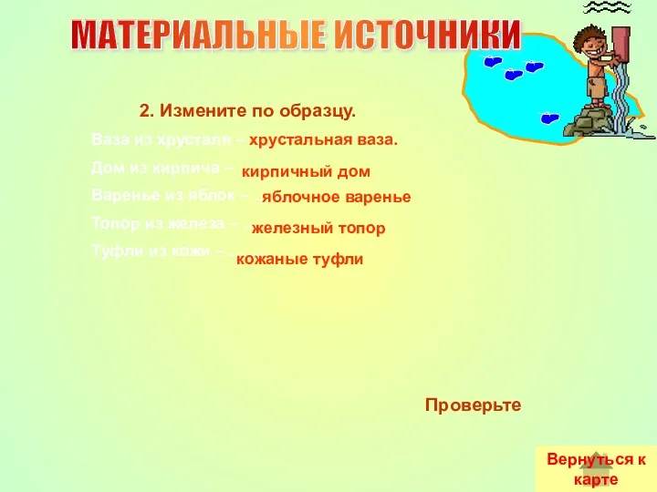 Проверьте 2. Измените по образцу. Ваза из хрусталя – хрустальная ваза. Дом из