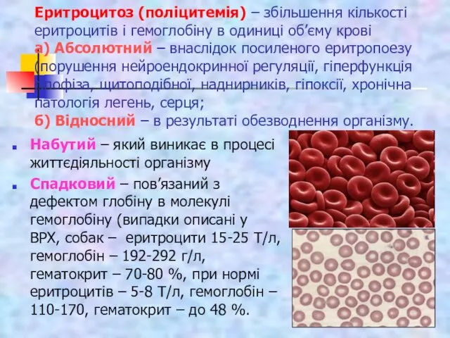 Еритроцитоз (поліцитемія) – збільшення кількості еритроцитів і гемоглобіну в одиниці об’єму крові а)
