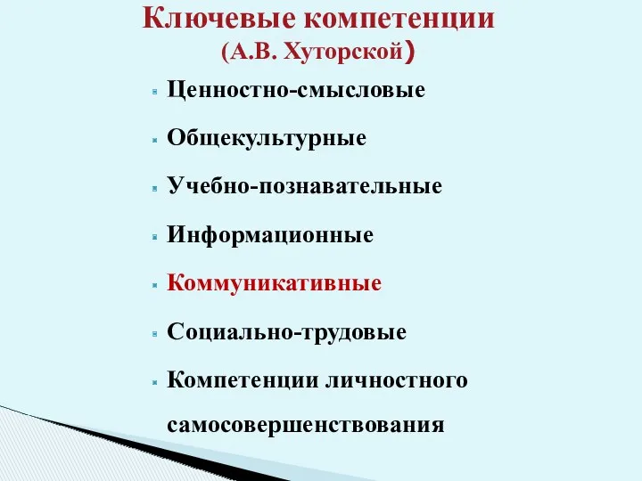 Ценностно-смысловые Общекультурные Учебно-познавательные Информационные Коммуникативные Социально-трудовые Компетенции личностного самосовершенствования Ключевые компетенции (А.В. Хуторской)