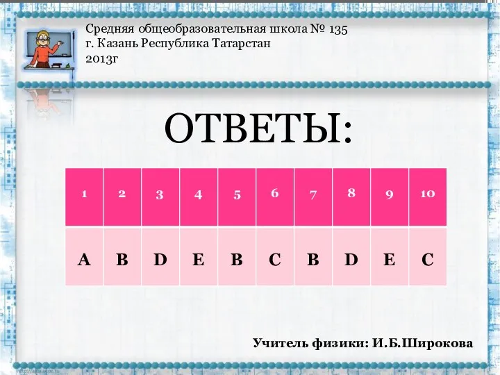 Средняя общеобразовательная школа № 135 г. Казань Республика Татарстан 2013г ОТВЕТЫ: Учитель физики: И.Б.Широкова