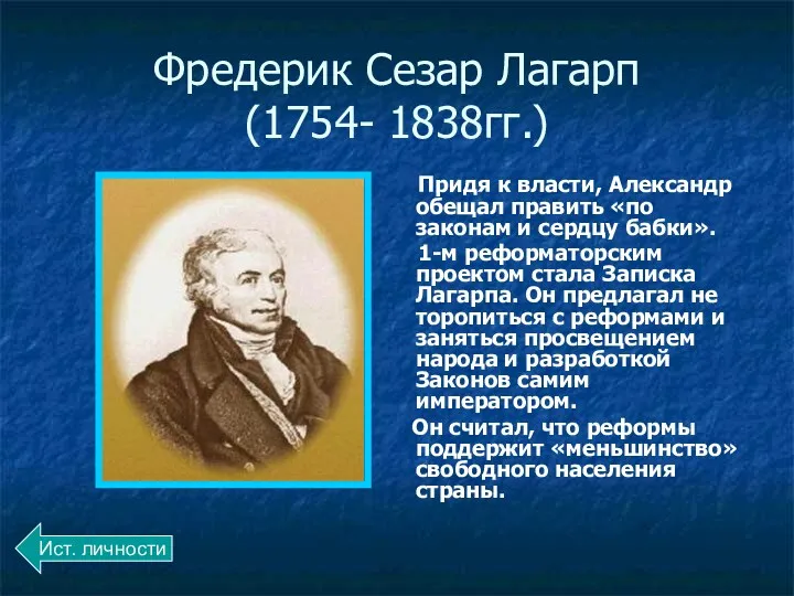 Фредерик Сезар Лагарп (1754- 1838гг.) Придя к власти, Александр обещал править «по законам