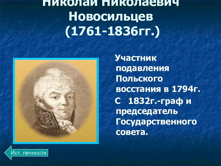 Николай Николаевич Новосильцев (1761-1836гг.) Участник подавления Польского восстания в 1794г. С 1832г.-граф и