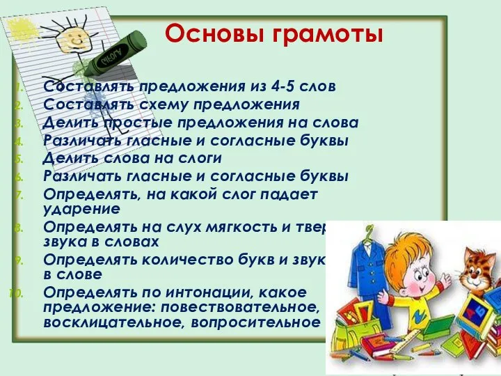 Основы грамоты Составлять предложения из 4-5 слов Составлять схему предложения