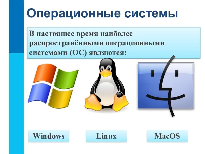 Операционные системы MacOS Linux Windows В настоящее время наиболее распространёнными операционными системами (ОС) являются: