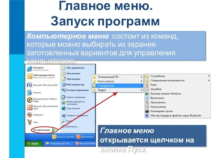 Главное меню. Запуск программ Компьютерное меню состоит из команд, которые можно выбирать из