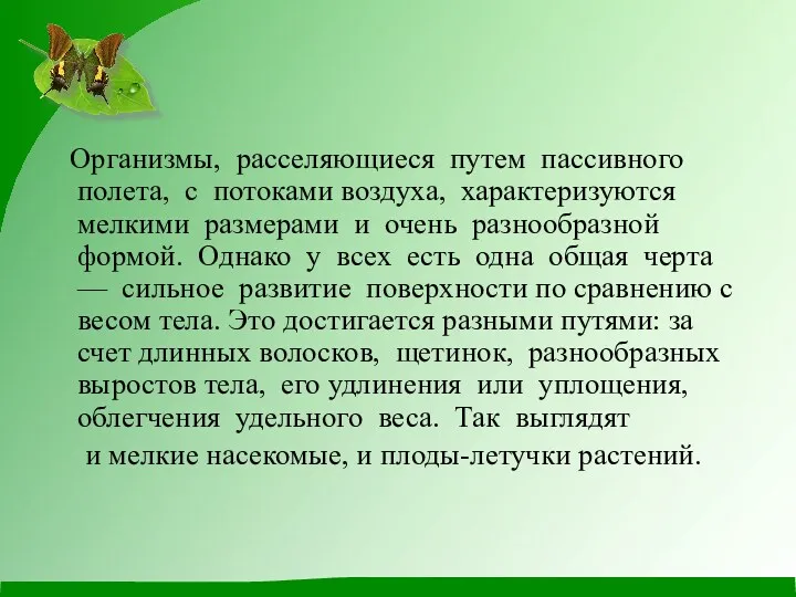 Организмы, расселяющиеся путем пассивного полета, с потоками воздуха, характеризуются мелкими