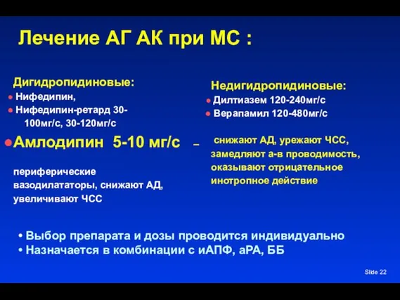 Slide Лечение АГ АК при МС : Дигидропидиновые: Нифедипин, Нифедипин-ретард 30- 100мг/с, 30-120мг/с