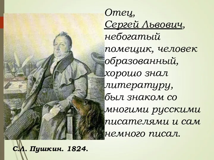 Отец, Сергей Львович, небогатый помещик, человек образованный, хорошо знал литературу,