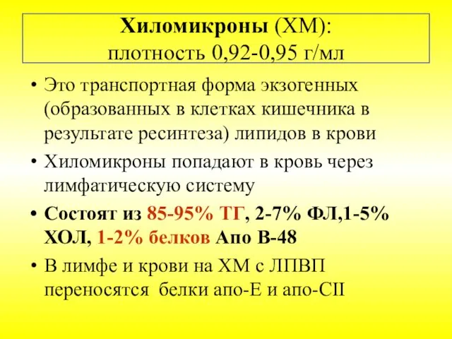 Хиломикроны (ХМ): плотность 0,92-0,95 г/мл Это транспортная форма экзогенных (образованных