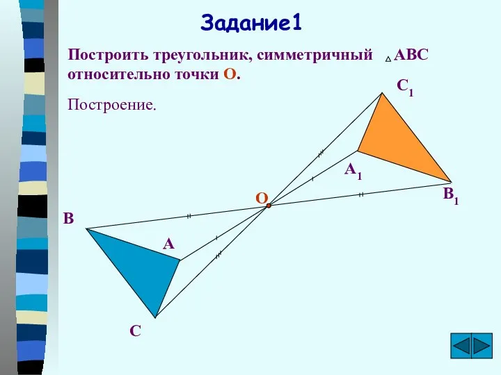Задание1 Построить треугольник, симметричный АВС относительно точки О. О В А С А1 С1 В1 Построение.