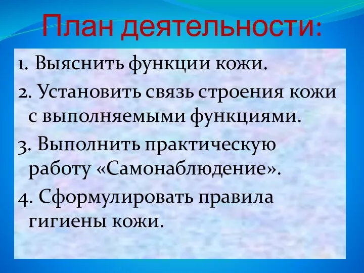 1. Выяснить функции кожи. 2. Установить связь строения кожи с