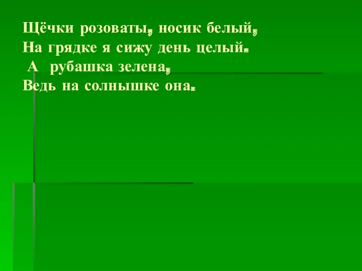 Щёчки розоваты, носик белый, На грядке я сижу день целый.