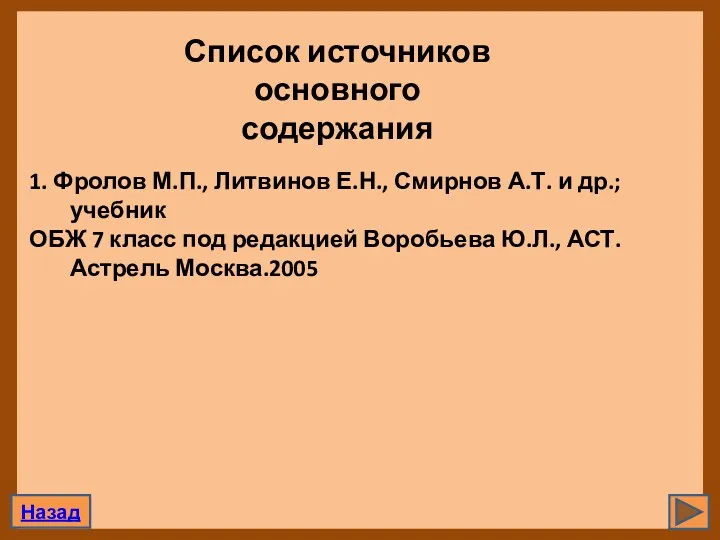 Список источников основного содержания 1. Фролов М.П., Литвинов Е.Н., Смирнов