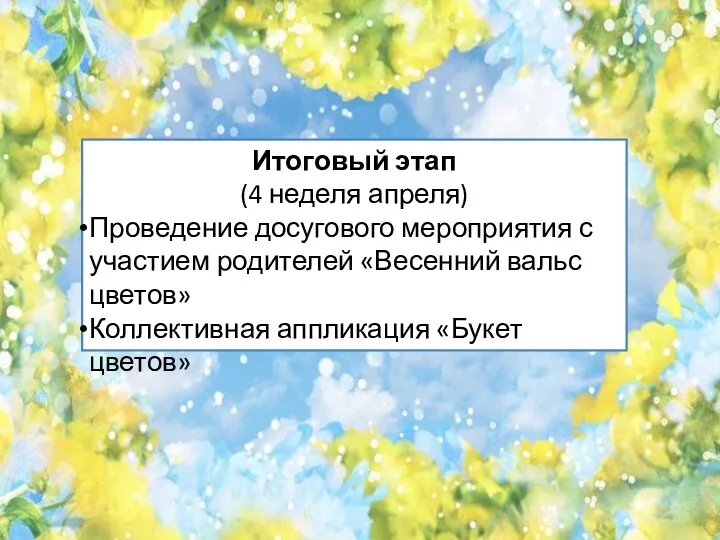 Итоговый этап (4 неделя апреля) Проведение досугового мероприятия с участием