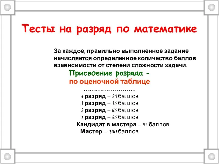 Тесты на разряд по математике За каждое, правильно выполненное задание