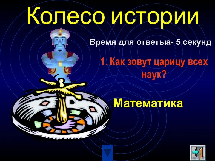 Колесо истории 1. Как зовут царицу всех наук? Математика Время для ответыа- 5 секунд