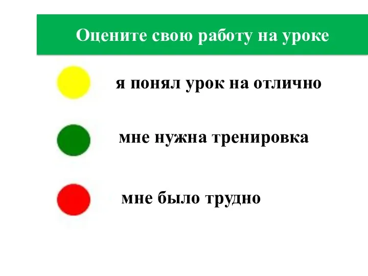 мне было трудно мне нужна тренировка я понял урок на отлично Оцените свою работу на уроке