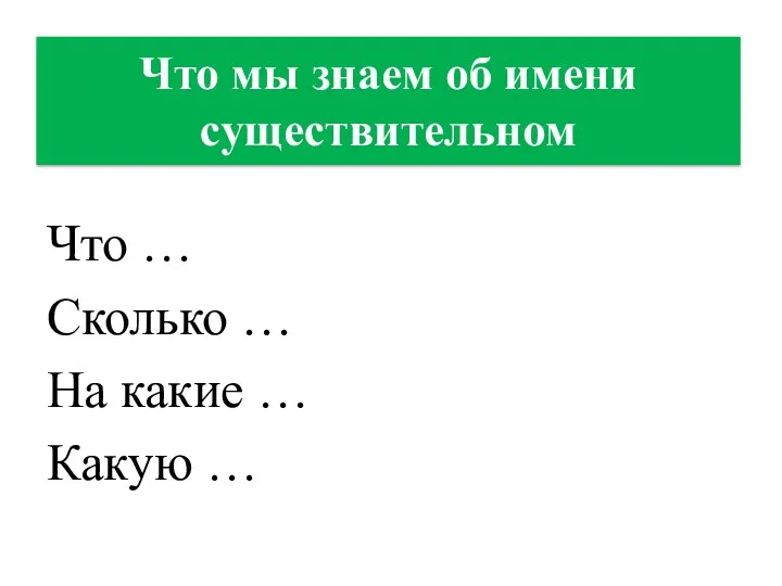 Что мы знаем об имени существительном Что … Сколько … На какие … Какую …