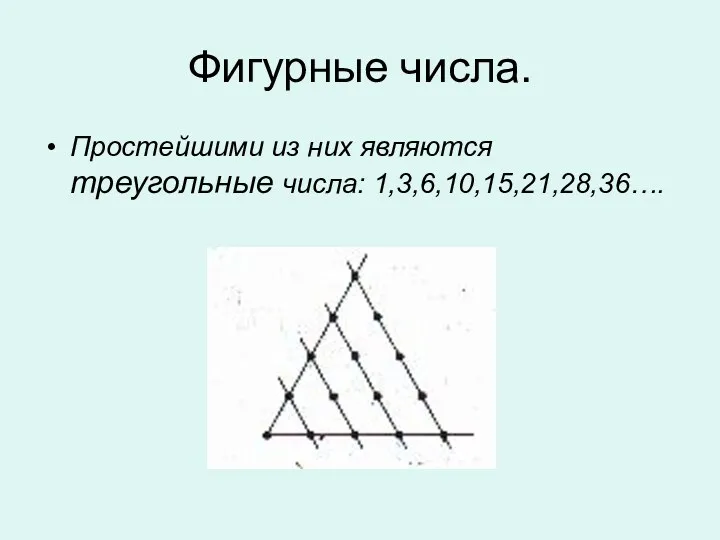 Фигурные числа. Простейшими из них являются треугольные числа: 1,3,6,10,15,21,28,36….