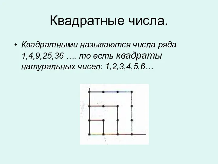 Квадратные числа. Квадратными называются числа ряда 1,4,9,25,36 …. то есть квадраты натуральных чисел: 1,2,3,4,5,6…