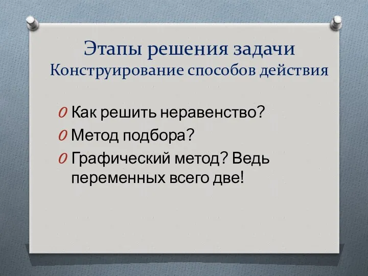 Этапы решения задачи Конструирование способов действия Как решить неравенство? Метод подбора? Графический метод?