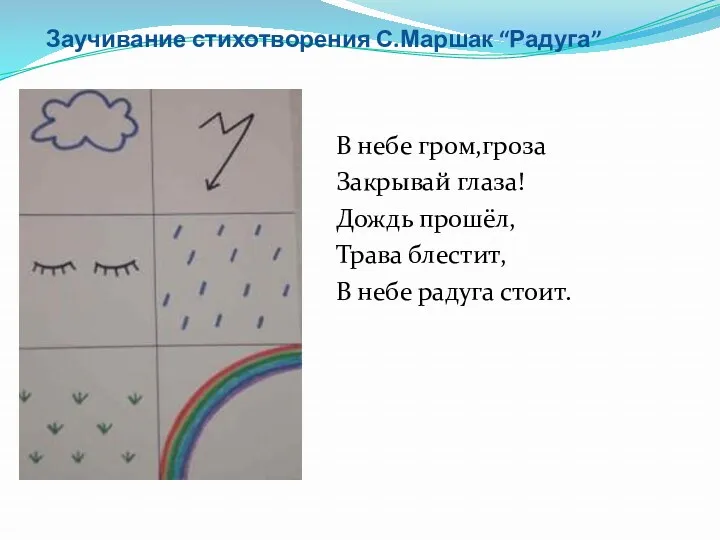 Заучивание стихотворения С.Маршак “Радуга” В небе гром,гроза Закрывай глаза! Дождь