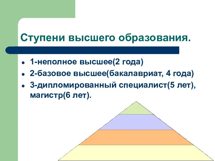 Ступени высшего образования. 1-неполное высшее(2 года) 2-базовое высшее(бакалавриат, 4 года) 3-дипломированный специалист(5 лет), магистр(6 лет).