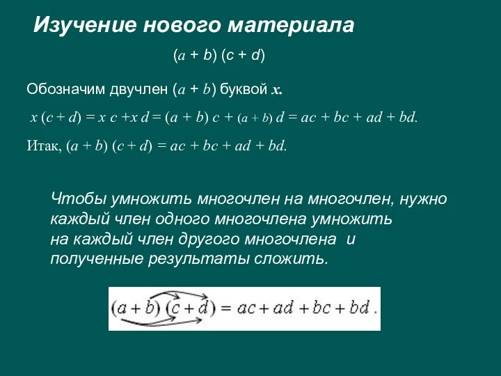 Изучение нового материала (а + b) (c + d) Обозначим двучлен (a +