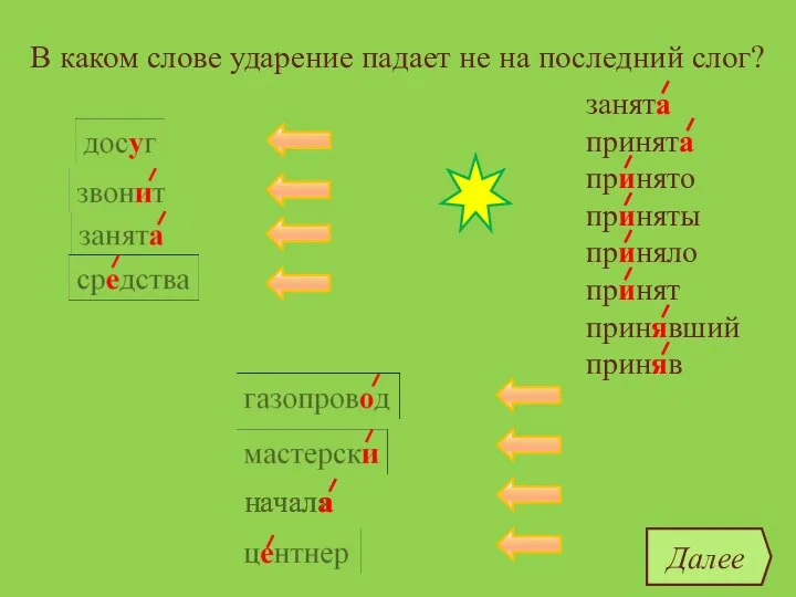 В каком слове ударение падает не на последний слог? досуг